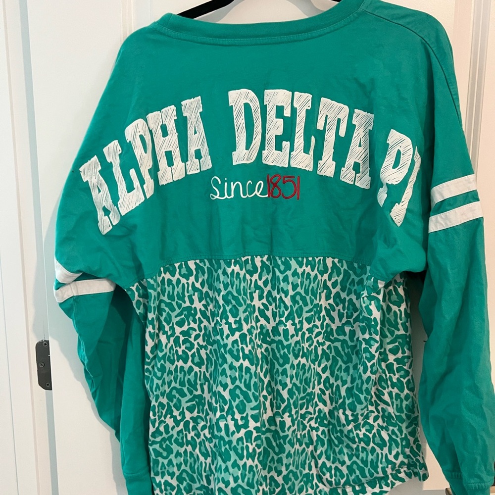 Boxercraft Alpha Delta Pi Teal Leopard Print Crewneck Long Sleeve Tee